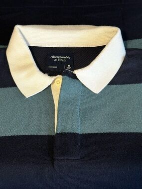 Abercrombie & Fitch Navy, Teal & White Striped Rugby Polo